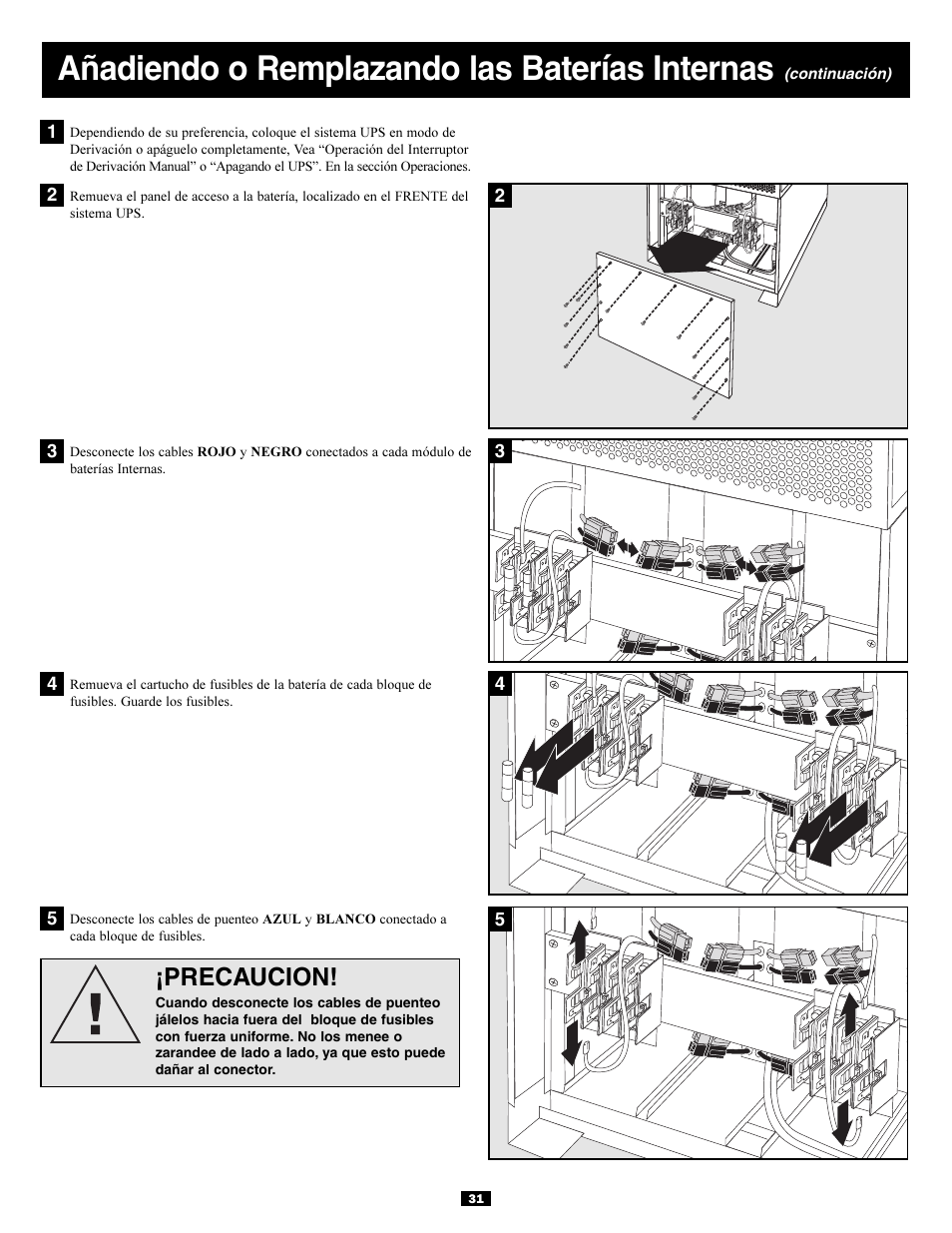 Añadiendo o remplazando las baterías internas, Precaucion | Tripp Lite 3-Phase 20kVA User Manual | Page 31 / 56