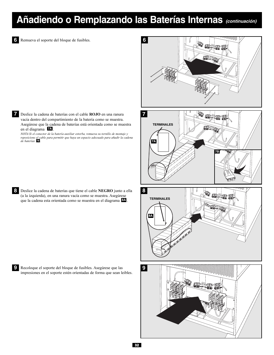 Añadiendo o remplazando las baterías internas | Tripp Lite 3-Phase 20kVA User Manual | Page 32 / 56