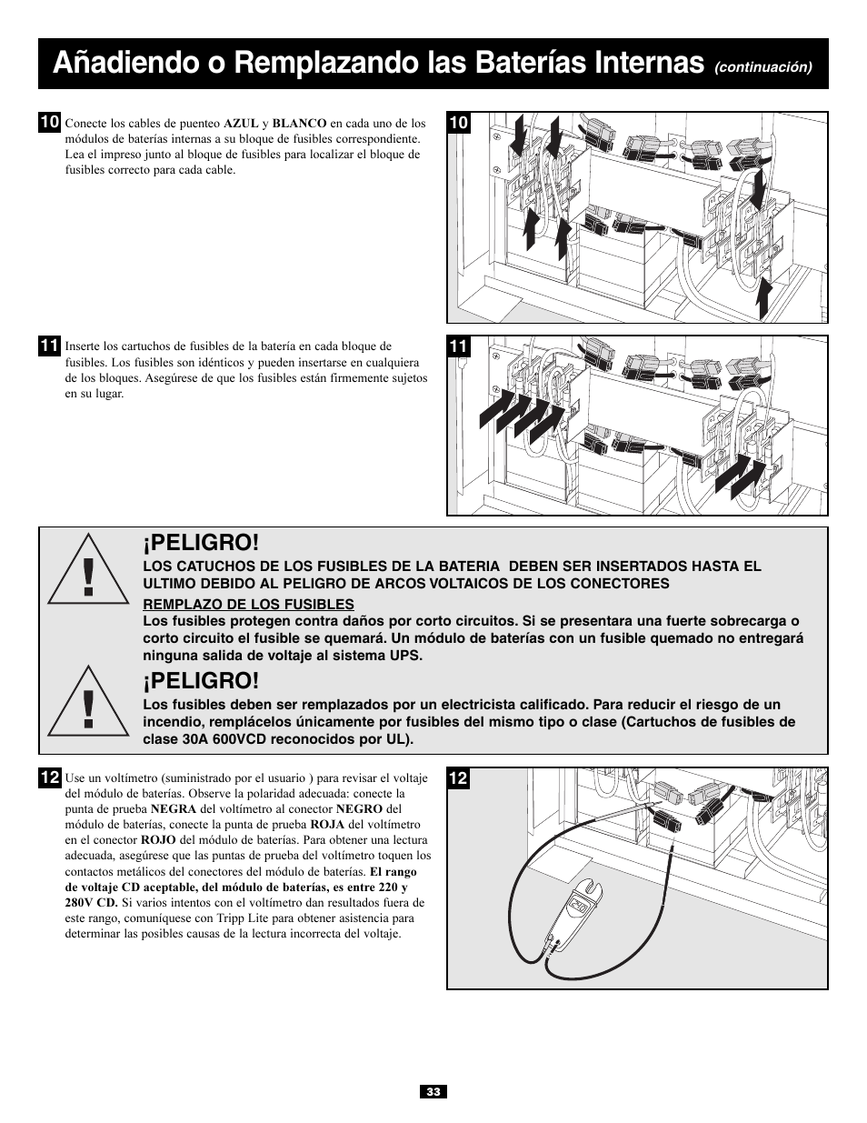 Añadiendo o remplazando las baterías internas, Peligro | Tripp Lite 3-Phase 20kVA User Manual | Page 33 / 56