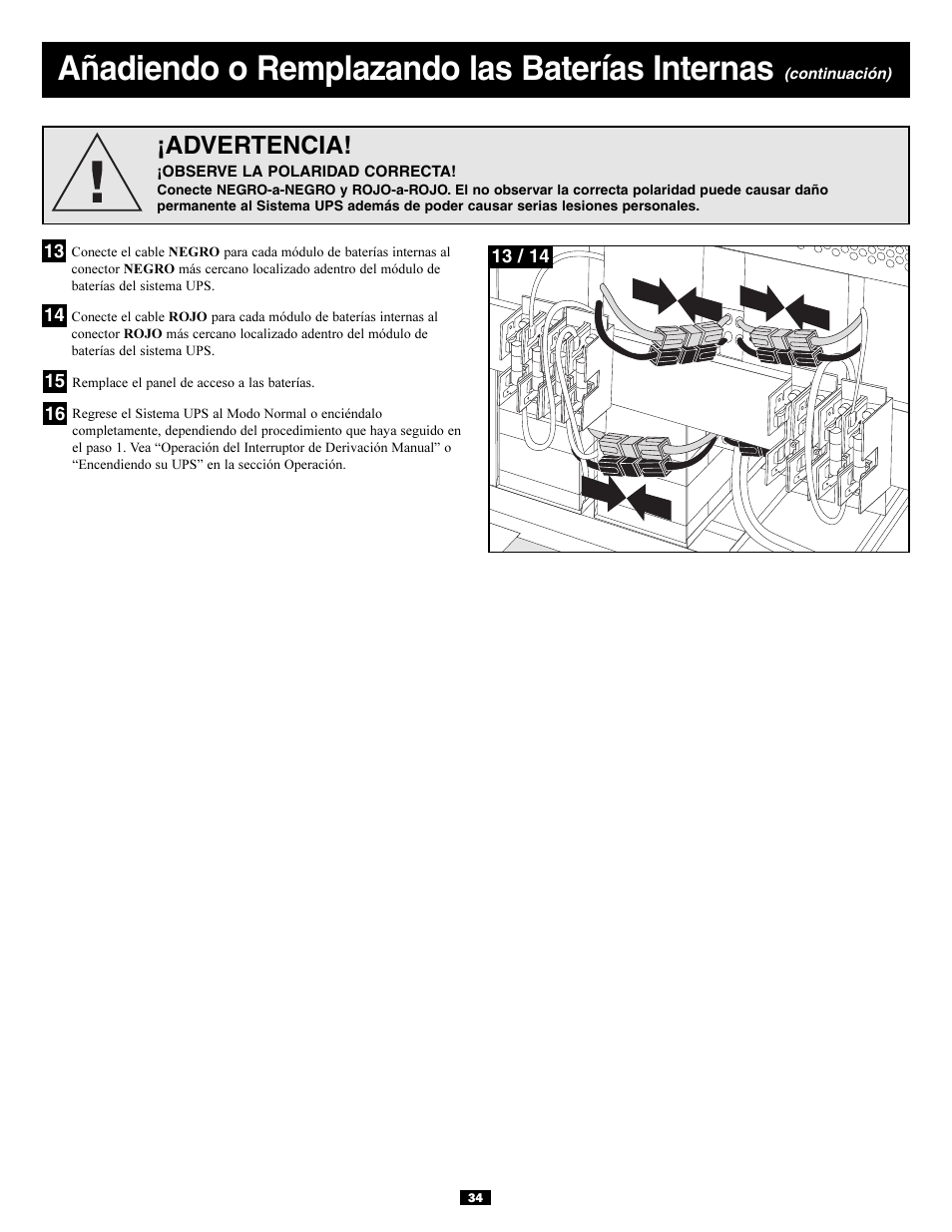 Añadiendo o remplazando las baterías internas, Advertencia | Tripp Lite 3-Phase 20kVA User Manual | Page 34 / 56
