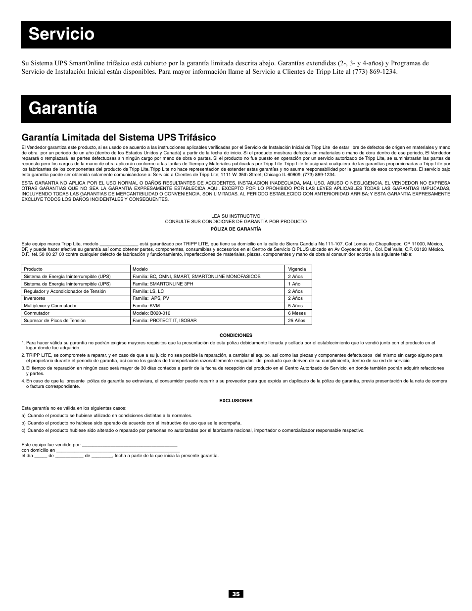 Servicio, Garantía, Garantía limitada del sistema ups trifásico | Tripp Lite 3-Phase 20kVA User Manual | Page 35 / 56