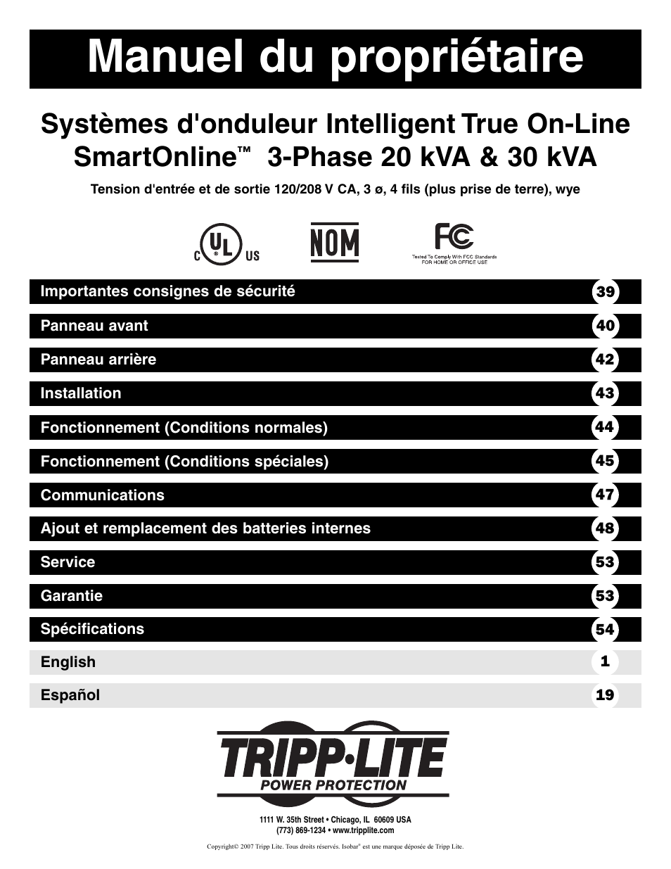 Manuel du propriétaire, Phase 20 kva & 30 kva | Tripp Lite 3-Phase 20kVA User Manual | Page 38 / 56