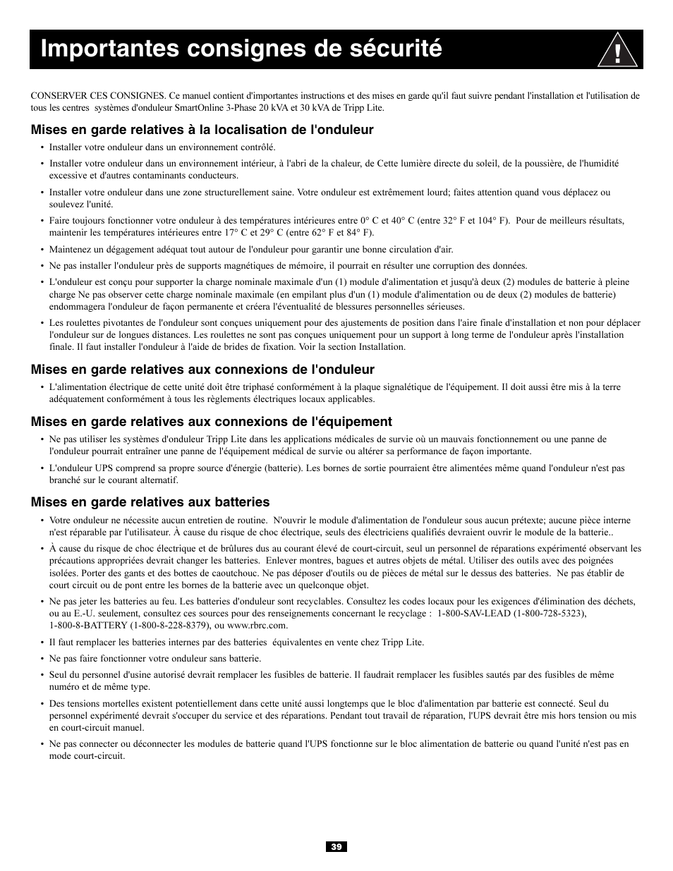 Importantes consignes de sécurité | Tripp Lite 3-Phase 20kVA User Manual | Page 39 / 56