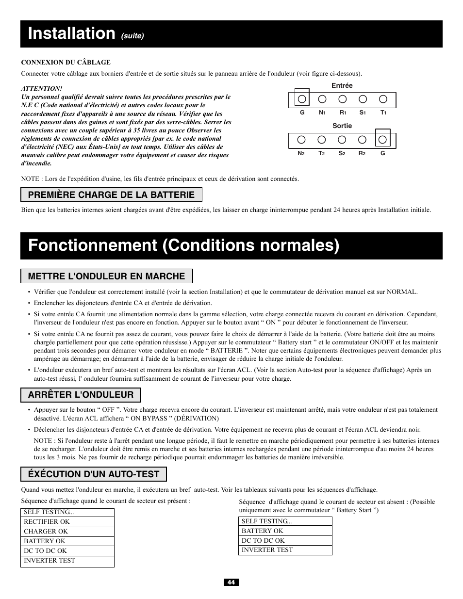 Installation, Fonctionnement (conditions normales), Première charge de la batterie | Mettre l'onduleur en marche, Arrêter l'onduleur, Éxécution d'un auto-test | Tripp Lite 3-Phase 20kVA User Manual | Page 44 / 56