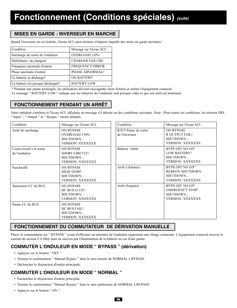 Fonctionnement (conditions spéciales) | Tripp Lite 3-Phase 20kVA User Manual | Page 46 / 56