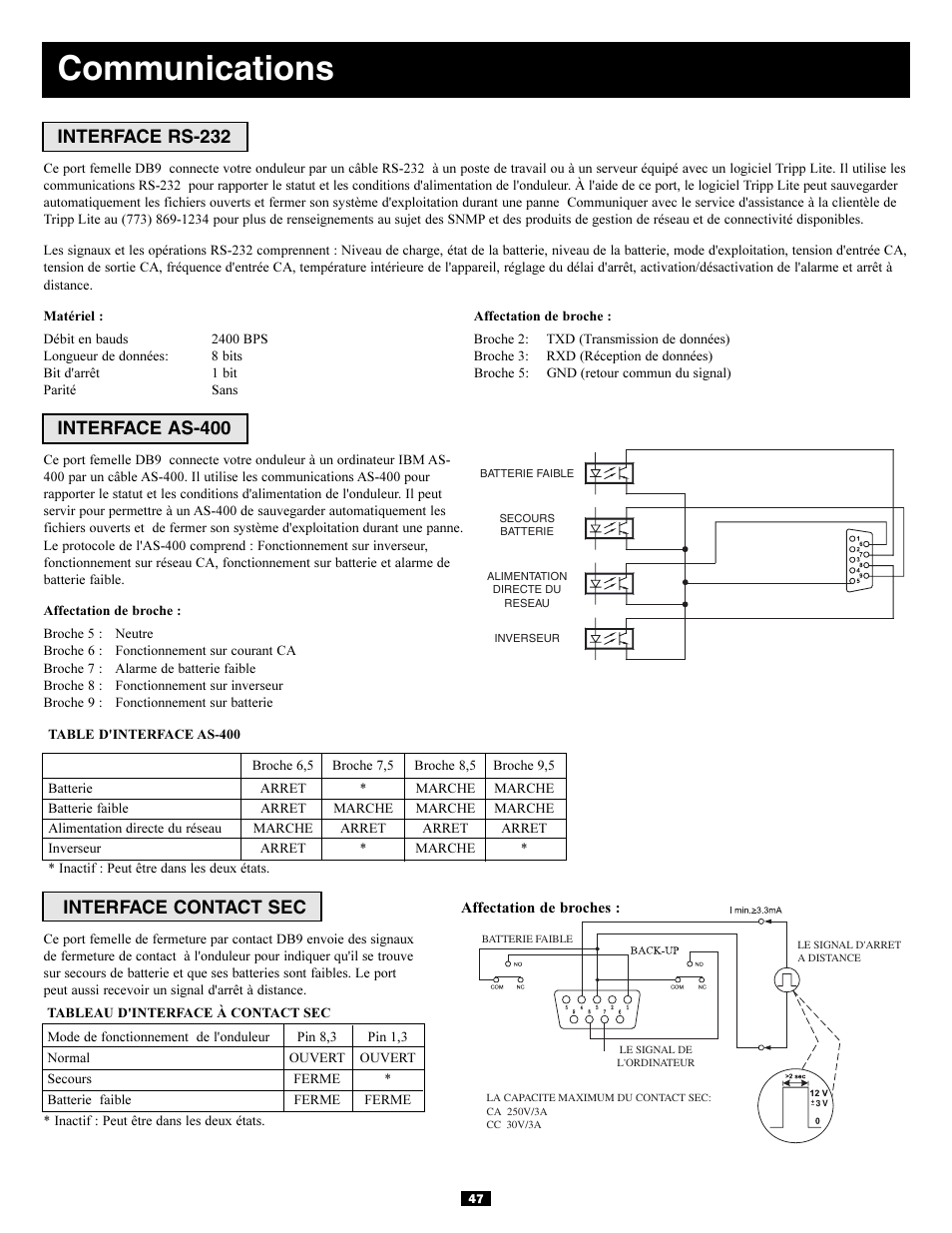 Communications, Interface rs-232, Interface as-400 | Interface contact sec | Tripp Lite 3-Phase 20kVA User Manual | Page 47 / 56