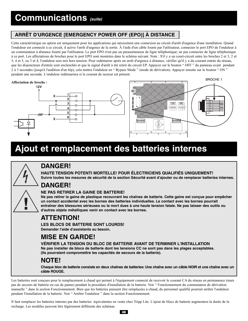 Communications, Ajout et remplacement des batteries internes, Danger | Attention, Mise en garde | Tripp Lite 3-Phase 20kVA User Manual | Page 48 / 56