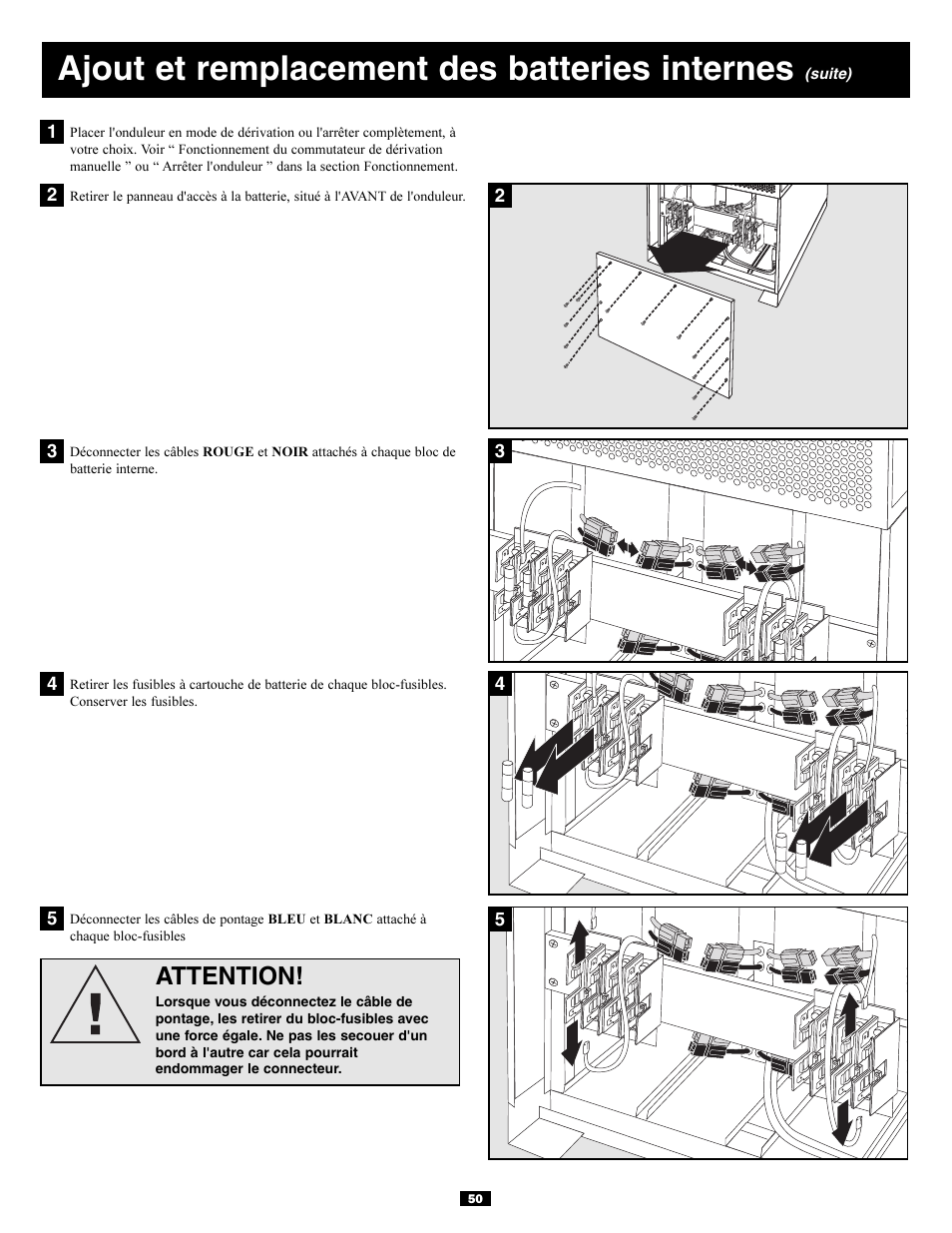 Ajout et remplacement des batteries internes, Attention | Tripp Lite 3-Phase 20kVA User Manual | Page 50 / 56