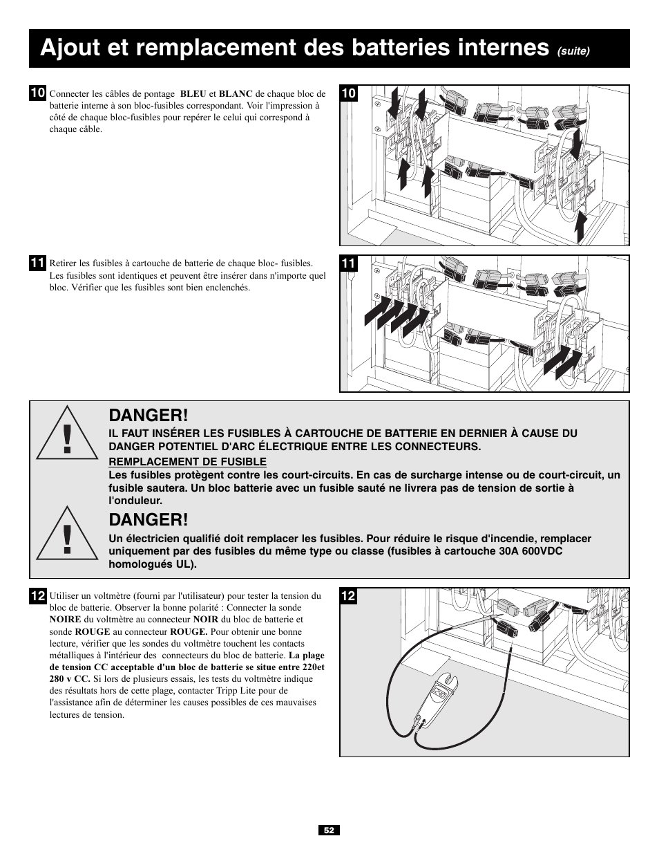 Ajout et remplacement des batteries internes, Danger | Tripp Lite 3-Phase 20kVA User Manual | Page 52 / 56