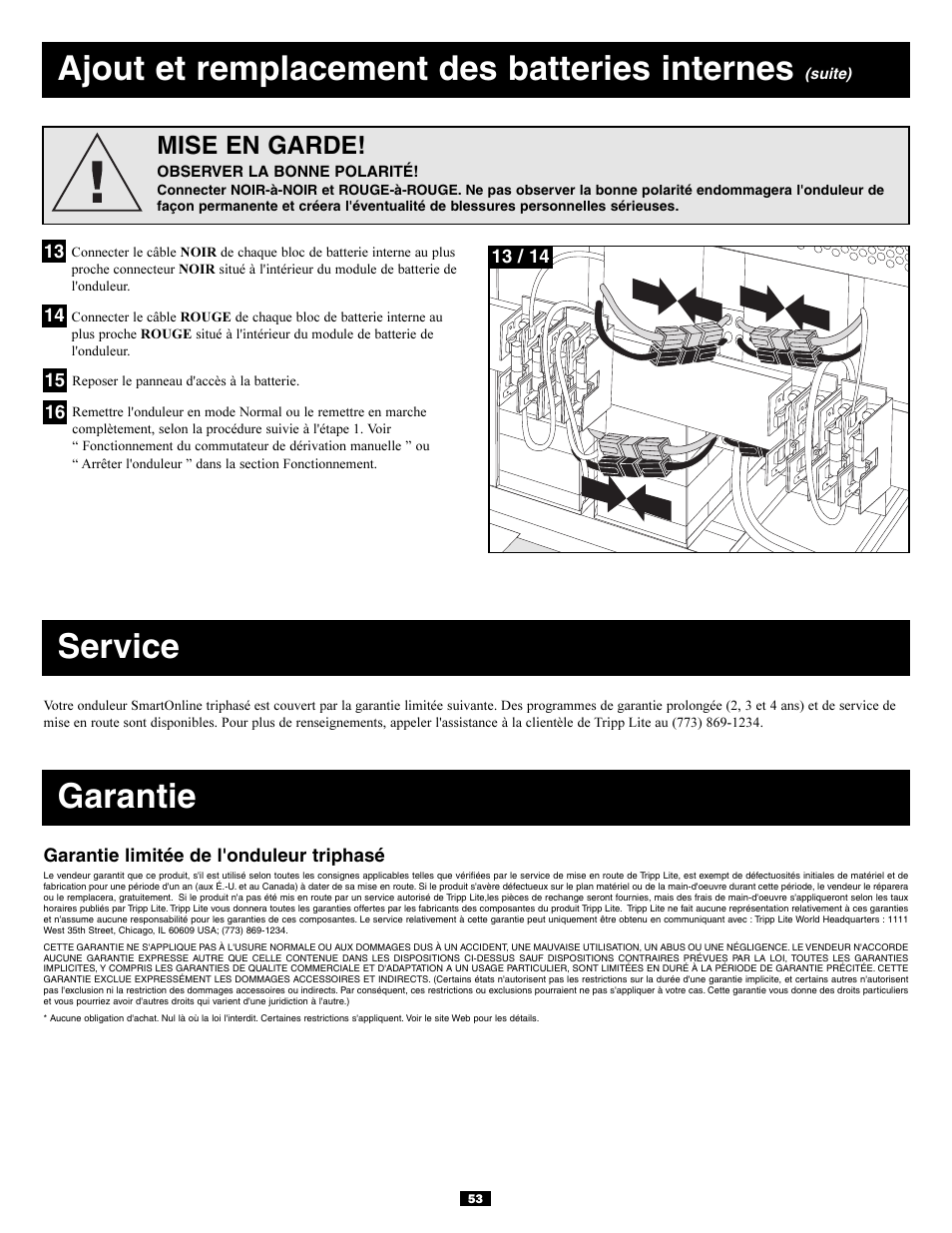 Service, Garantie, Ajout et remplacement des batteries internes | Mise en garde | Tripp Lite 3-Phase 20kVA User Manual | Page 53 / 56