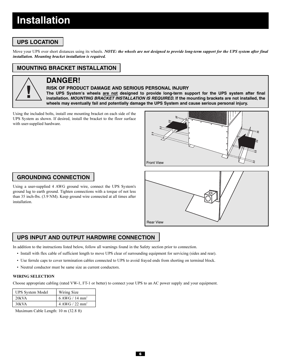 Installation, Danger | Tripp Lite 3-Phase 20kVA User Manual | Page 6 / 56