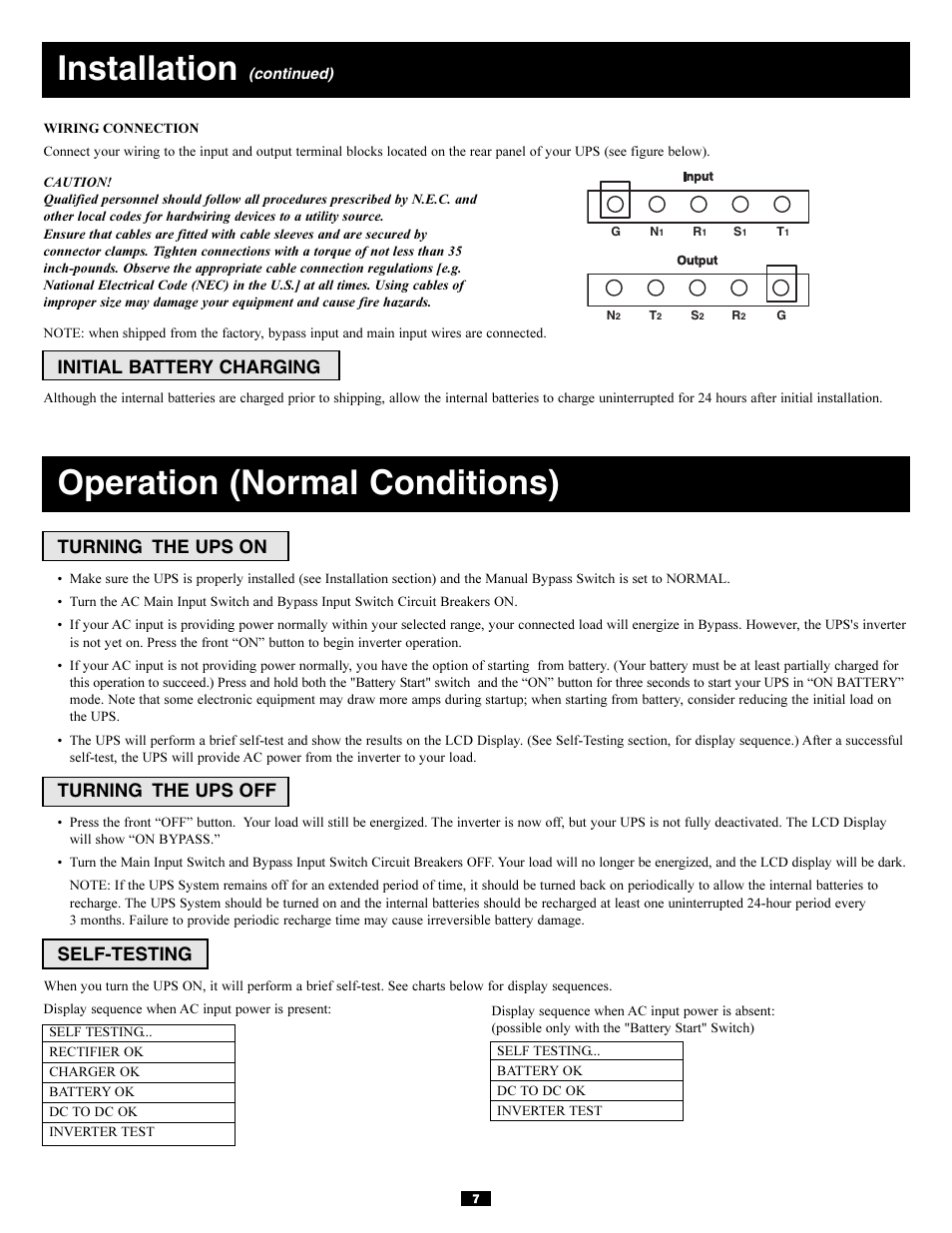 Installation, Operation (normal conditions), Initial battery charging | Turning the ups on, Turning the ups off, Self-testing | Tripp Lite 3-Phase 20kVA User Manual | Page 7 / 56
