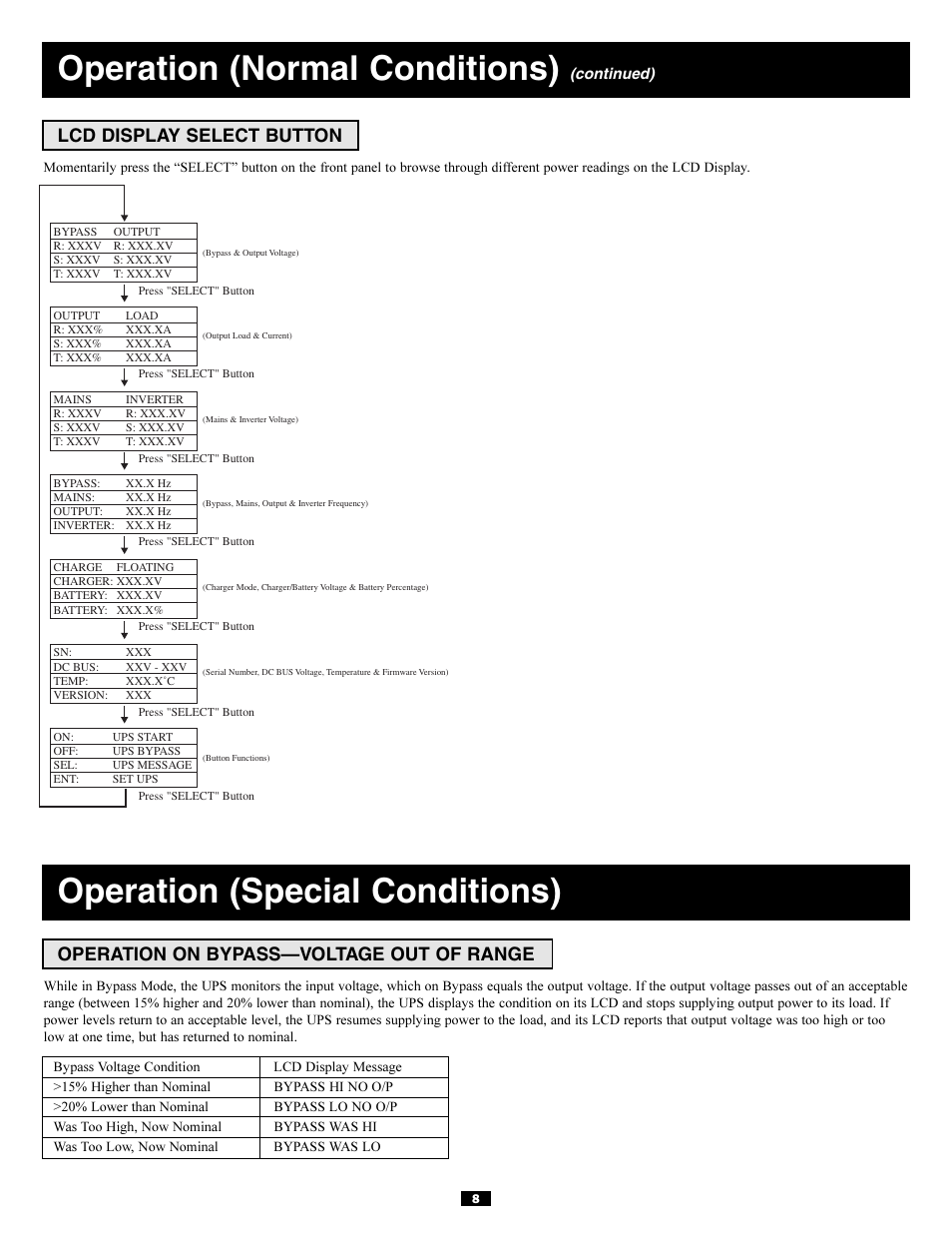 Operation (normal conditions), Operation (special conditions), Lcd display select button | Operation on bypass—voltage out of range | Tripp Lite 3-Phase 20kVA User Manual | Page 8 / 56