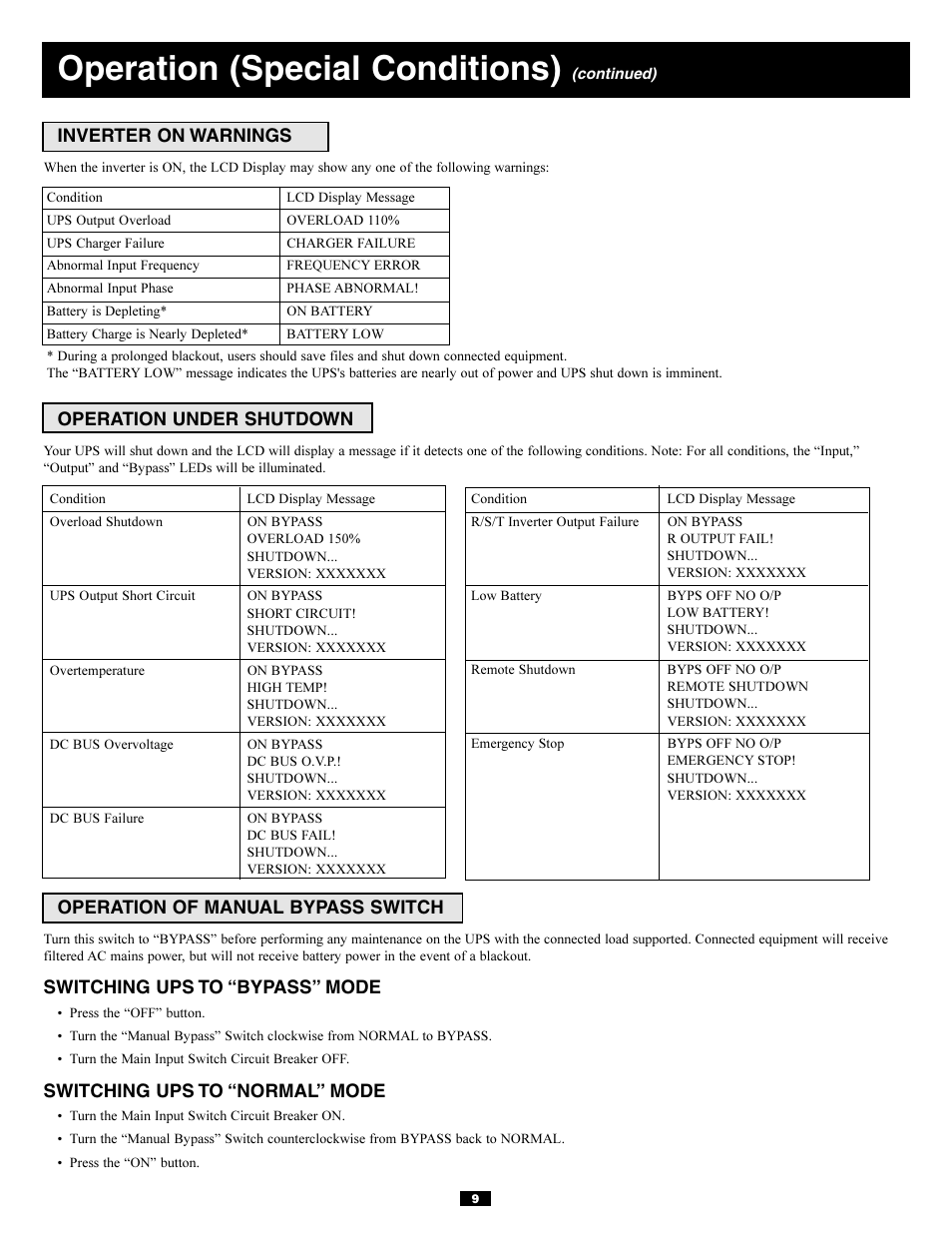 Operation (special conditions) | Tripp Lite 3-Phase 20kVA User Manual | Page 9 / 56
