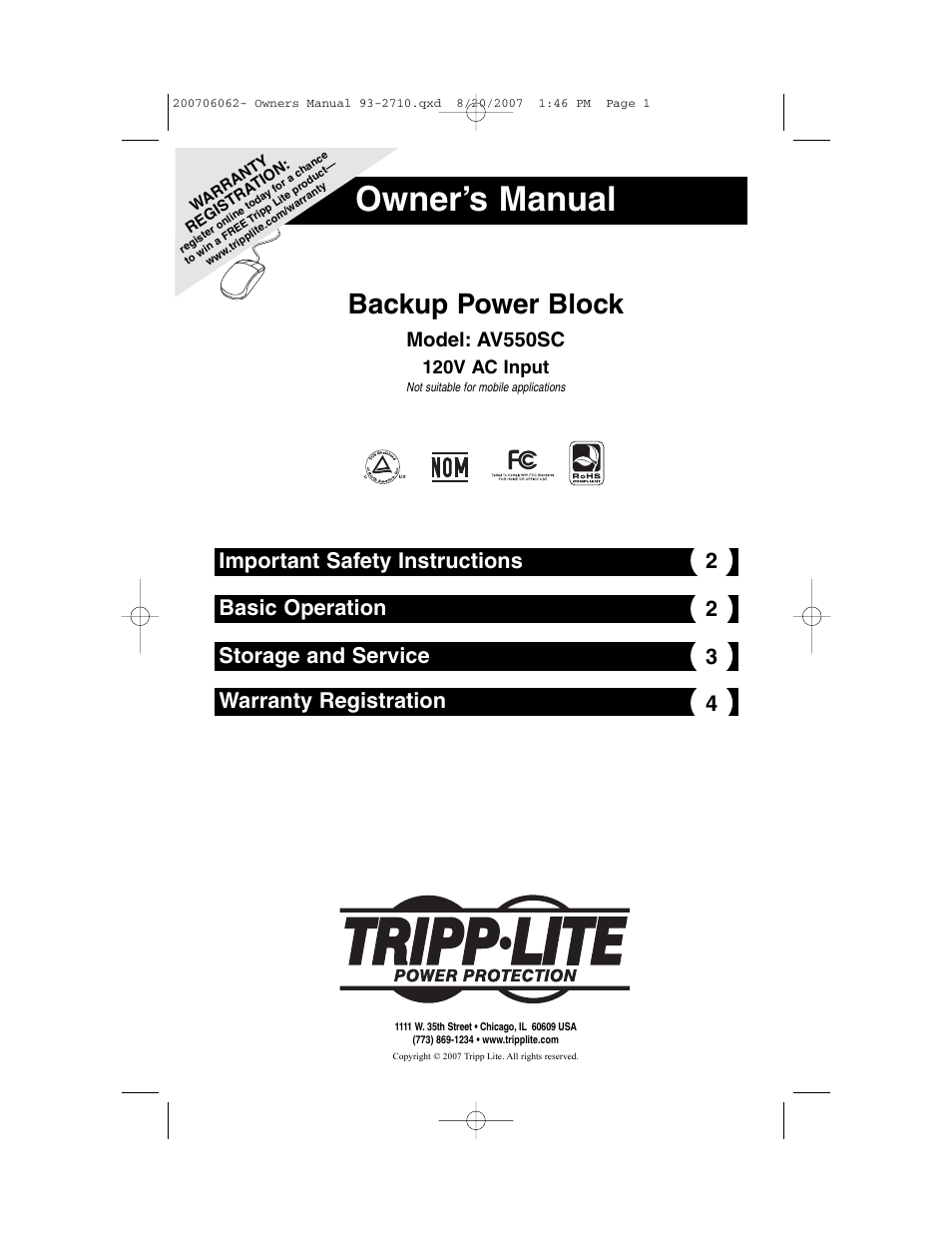 Tripp Lite Backup Power Block AV550SC User Manual | 4 pages