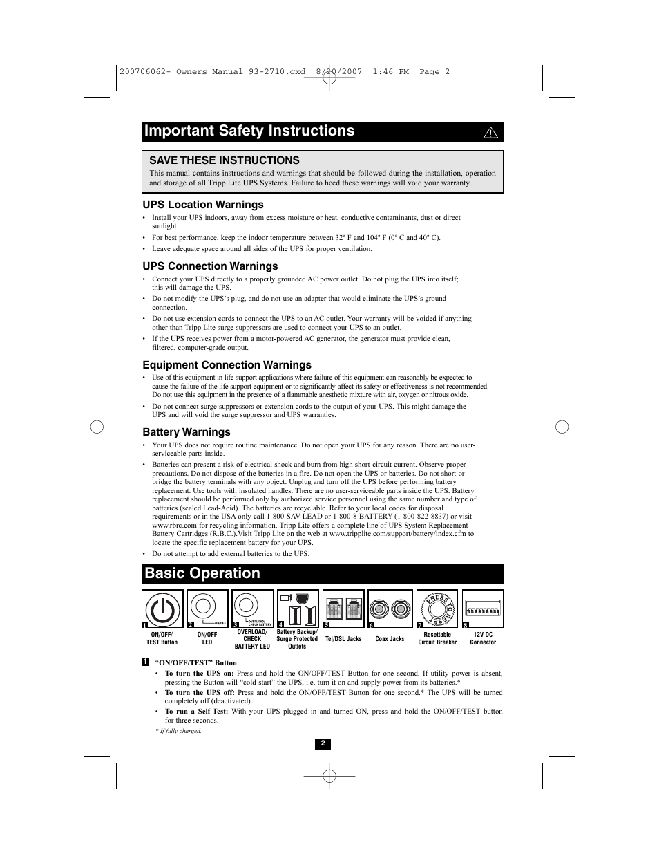 Important safety instructions, Basic operation, Ups location warnings | Ups connection warnings, Equipment connection warnings, Battery warnings, Save these instructions | Tripp Lite Backup Power Block AV550SC User Manual | Page 2 / 4