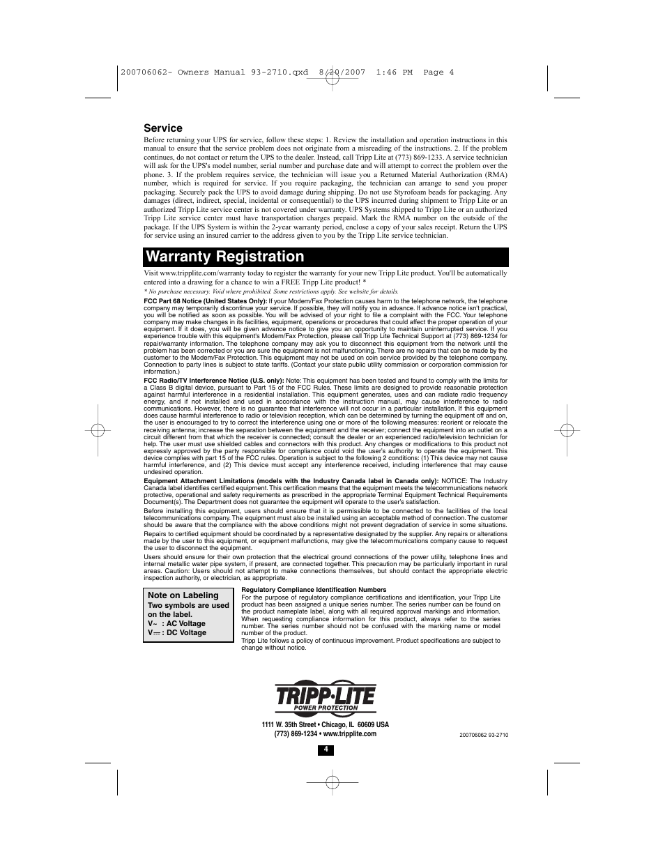 Warranty registration, Service | Tripp Lite Backup Power Block AV550SC User Manual | Page 4 / 4