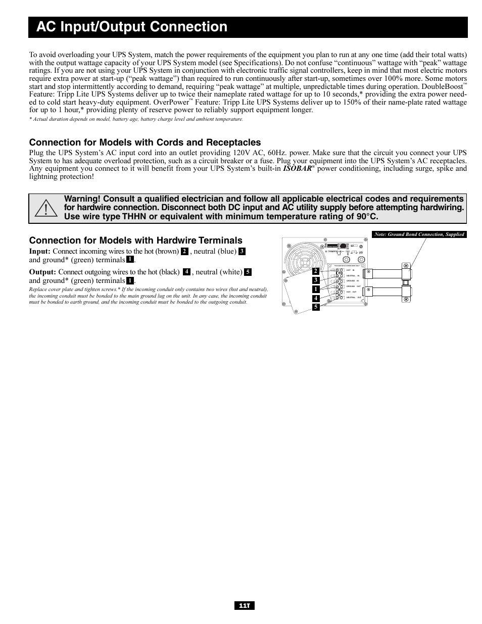 Ac input/output connection, Connection for models with cords and receptacles, Connection for models with hardwire terminals | Tripp Lite TMU Series User Manual | Page 11 / 12