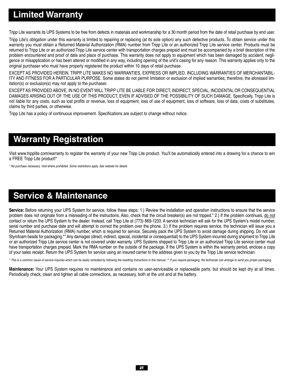 Limited warranty, Service & maintenance, Warranty registration | Tripp Lite TMU Series User Manual | Page 2 / 12