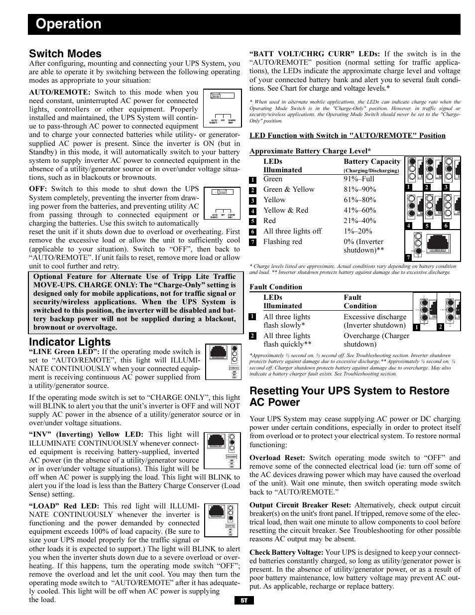 Operation, Switch modes, Indicator lights | Resetting your ups system to restore ac power | Tripp Lite TMU Series User Manual | Page 5 / 12