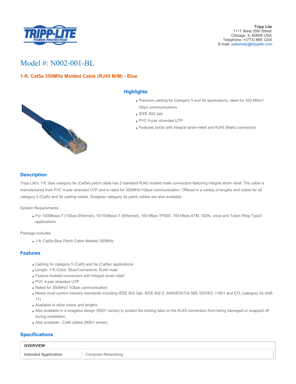 Tripp Lite N002-001-BL User Manual | 3 pages