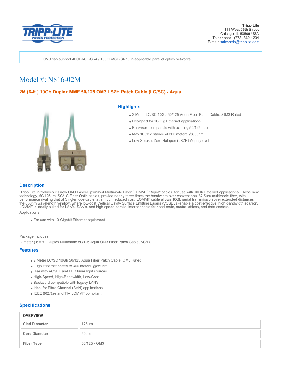 Tripp Lite Multimode Fiber Optics 2-meter N816-02M User Manual | 2 pages