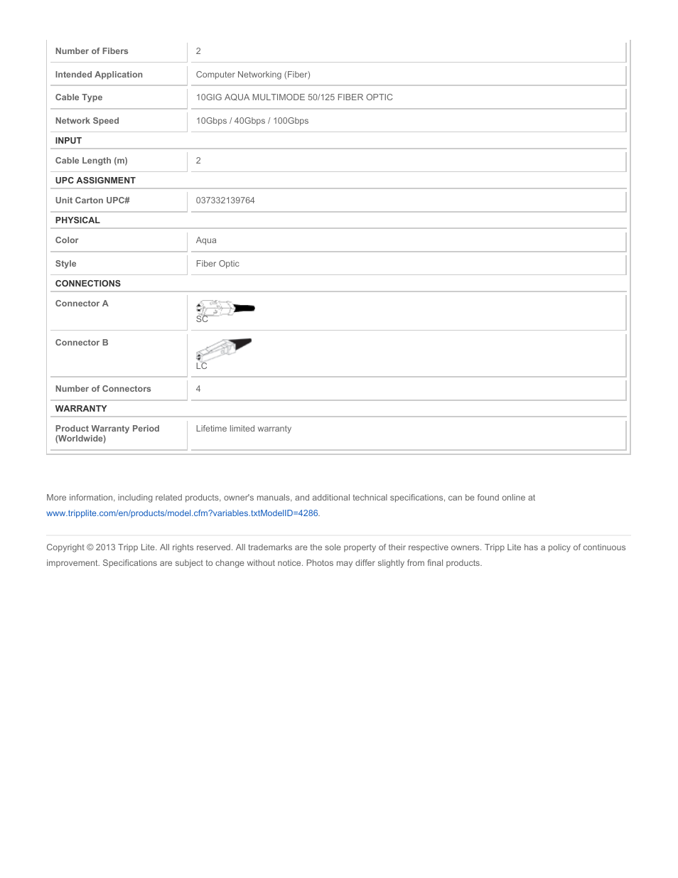 Tripp Lite Multimode Fiber Optics 2-meter N816-02M User Manual | Page 2 / 2