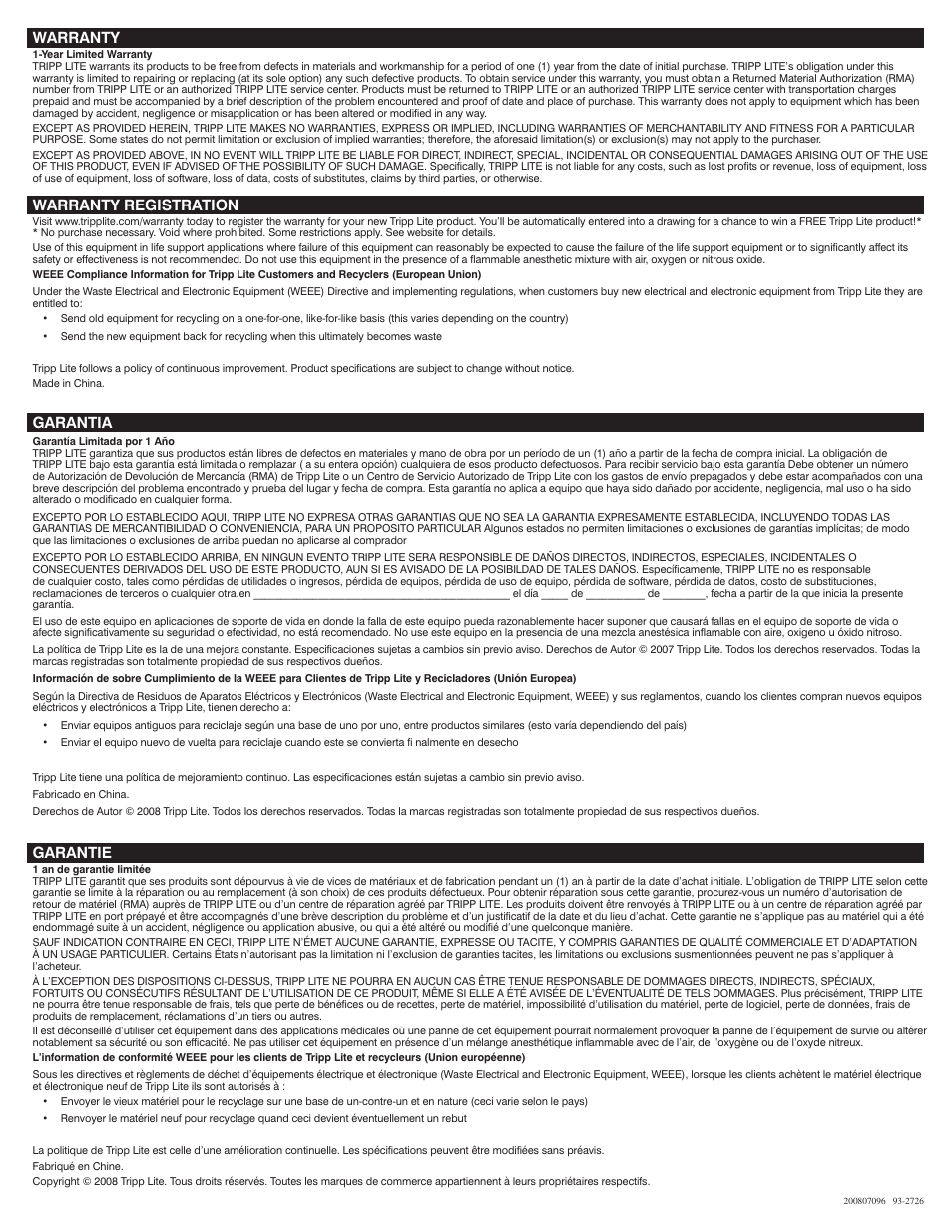 Warranty registration, Warranty, Garantia | Garantie | Tripp Lite 166-001-A User Manual | Page 2 / 2