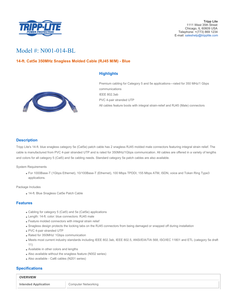 Tripp Lite N001-014-BL User Manual | 3 pages