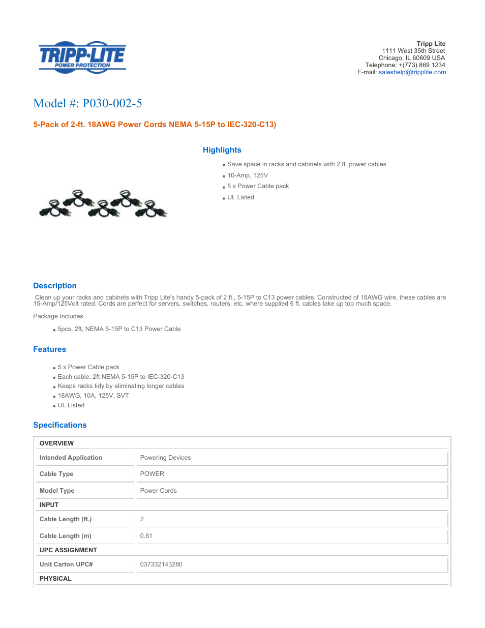 Tripp Lite P030-002-5 User Manual | 2 pages