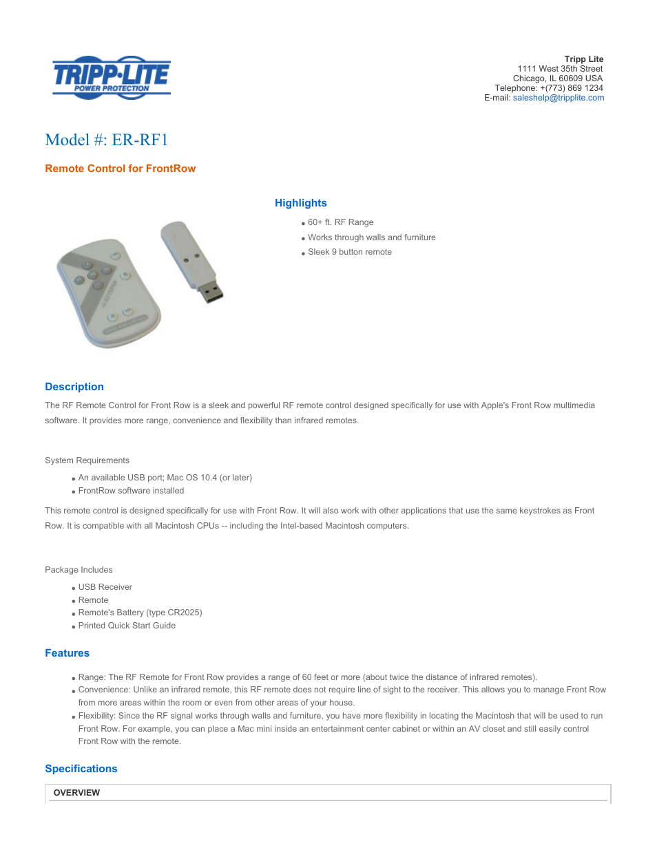 Tripp Lite ER-RF1 User Manual | 2 pages