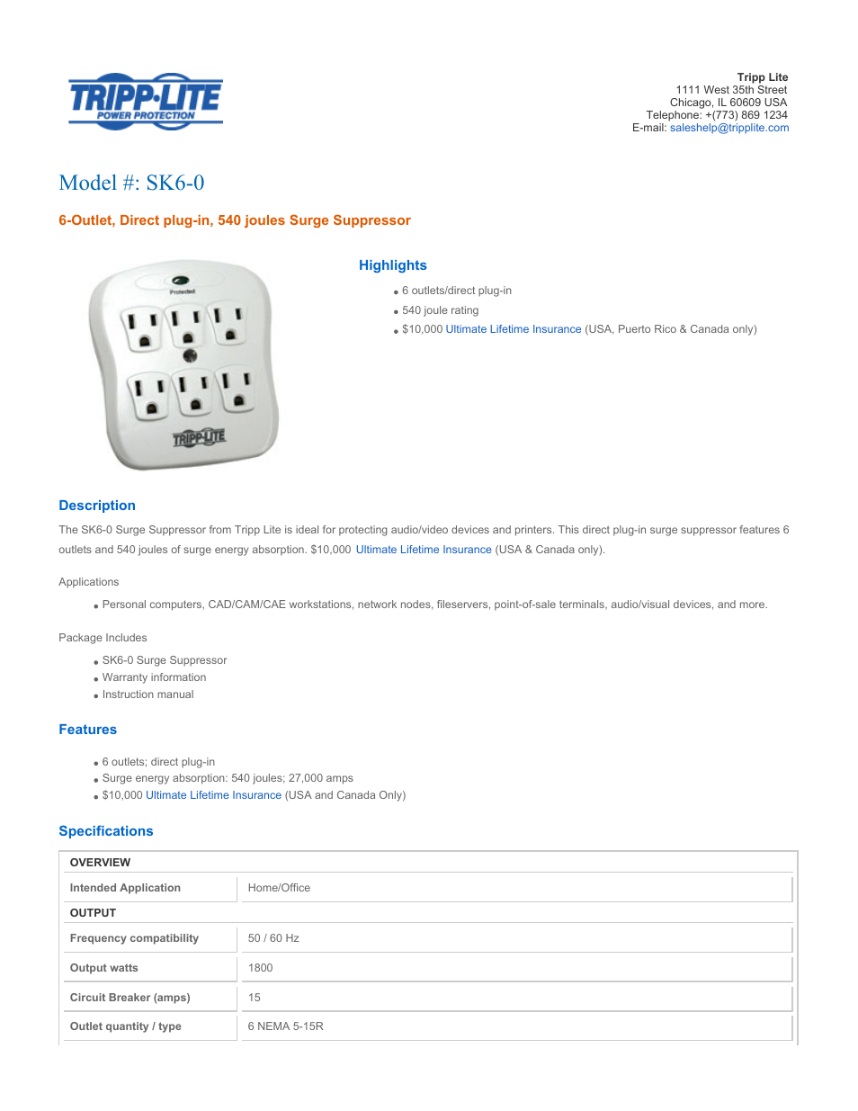 Tripp Lite SK6-0 User Manual | 3 pages