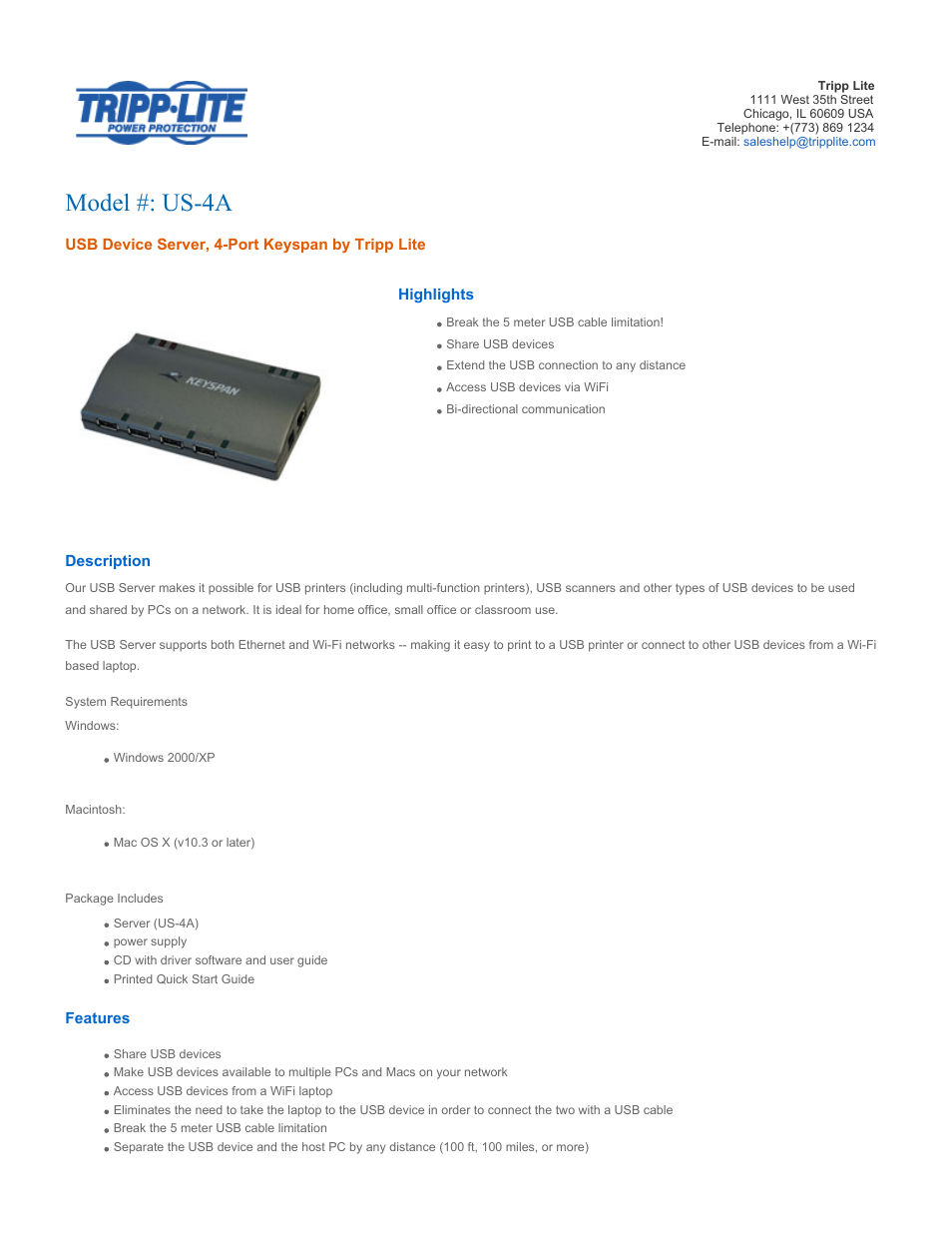 Tripp Lite USB Device Server US-4A User Manual | 2 pages