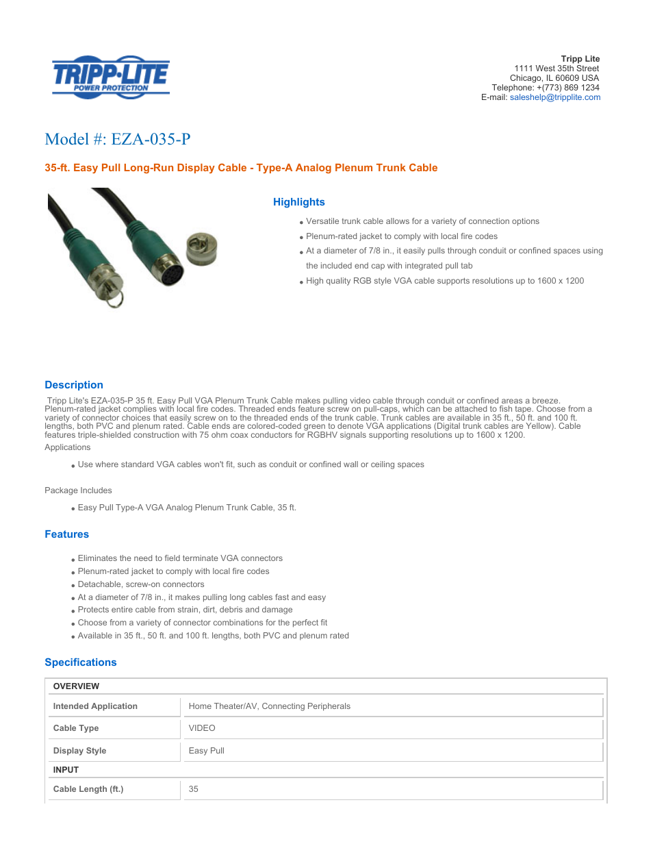 Tripp Lite EZA-035-P User Manual | 2 pages