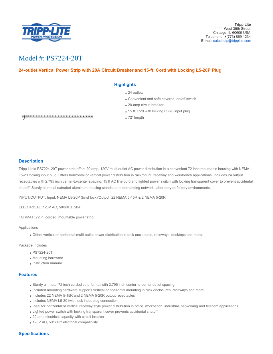 Tripp Lite PS7224-20T User Manual | 3 pages