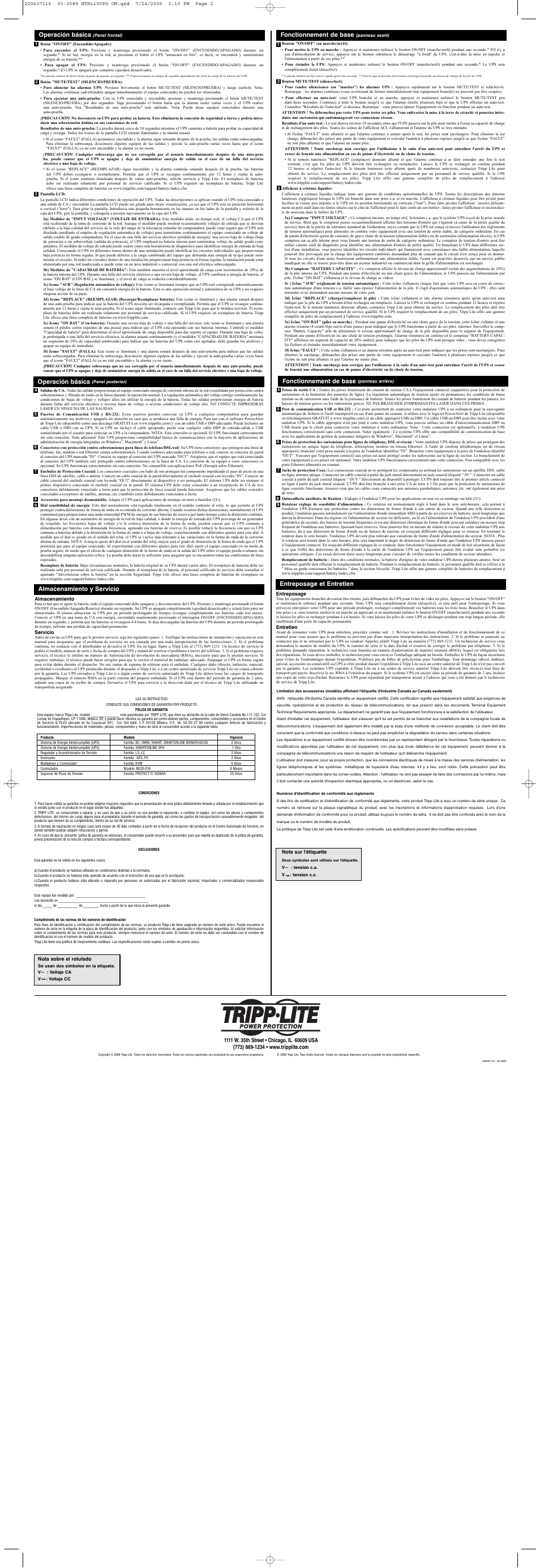 Operación básica, Almacenamiento y servicio, Fonctionnement de base | Entreposage et entretien | Tripp Lite HTRL15UPS User Manual | Page 2 / 2