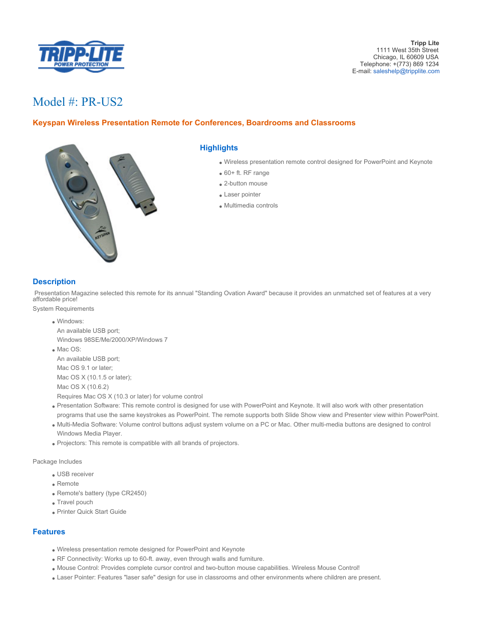 Tripp Lite Keyspan Wireless Presentation Remote PR-US2 User Manual | 2 pages