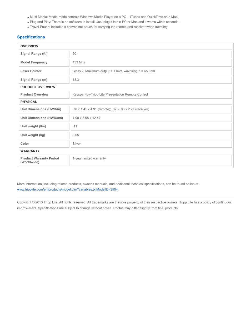 Tripp Lite Keyspan Wireless Presentation Remote PR-US2 User Manual | Page 2 / 2