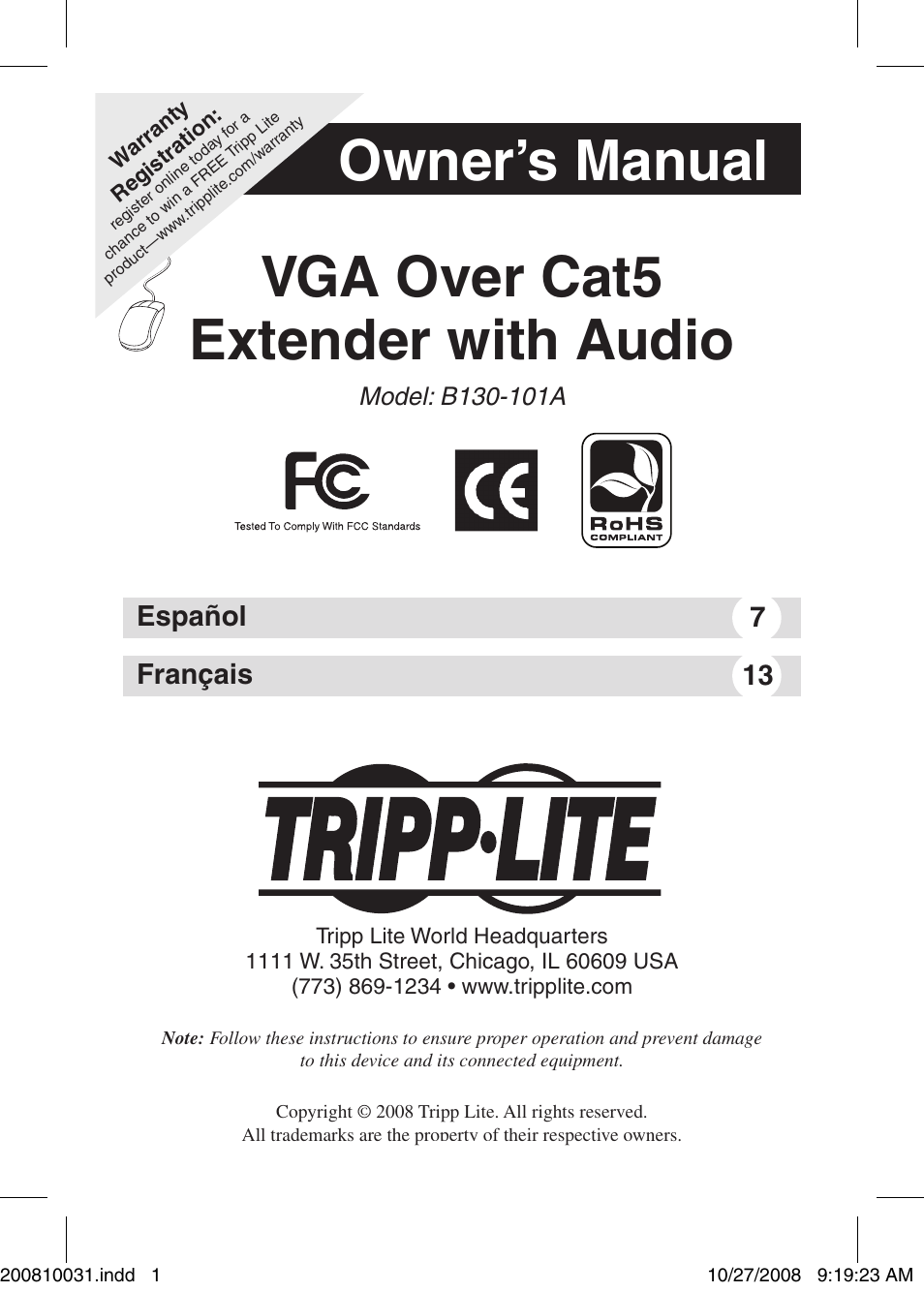 Tripp Lite VGA Over Cat5 Extender with Audio B130-101A User Manual | 20 pages