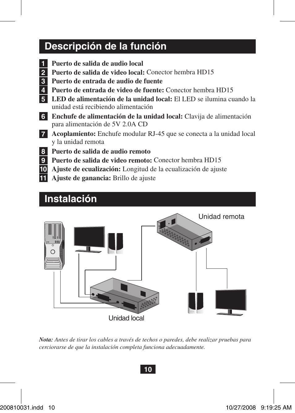 Descripción de la función, Instalación | Tripp Lite VGA Over Cat5 Extender with Audio B130-101A User Manual | Page 10 / 20