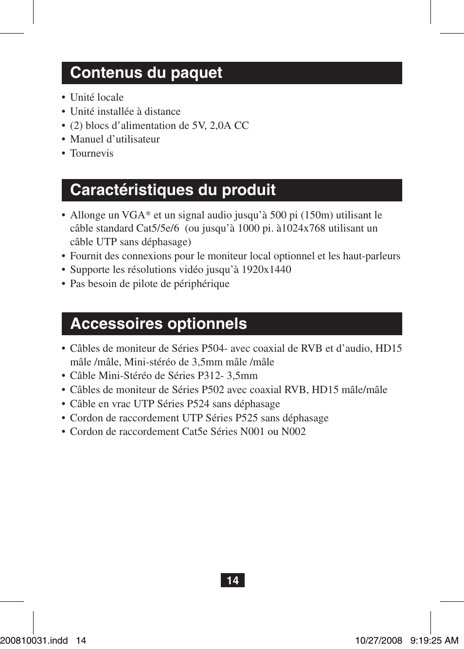 Contenus du paquet, Caractéristiques du produit, Accessoires optionnels | Tripp Lite VGA Over Cat5 Extender with Audio B130-101A User Manual | Page 14 / 20