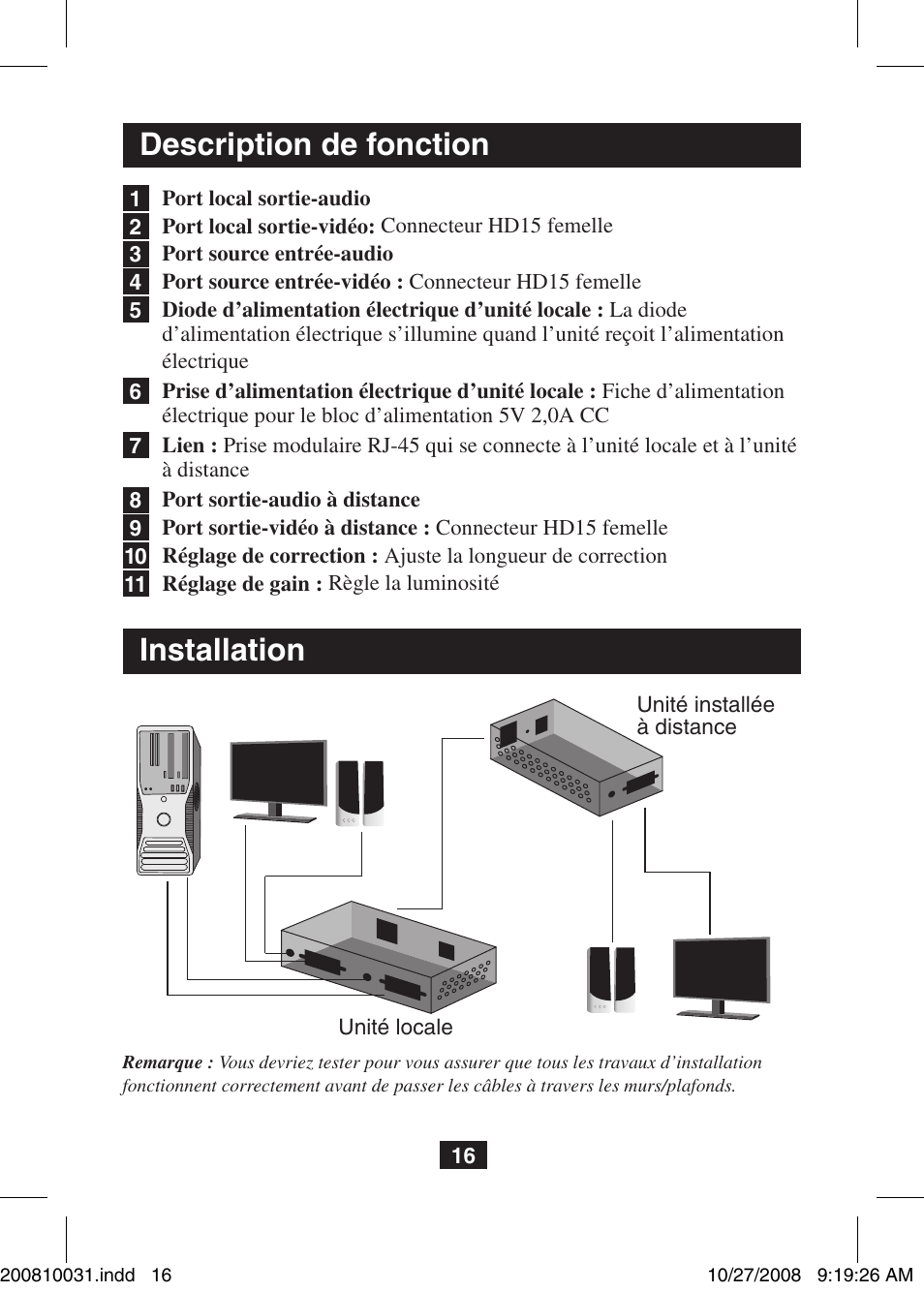 Description de fonction, Installation | Tripp Lite VGA Over Cat5 Extender with Audio B130-101A User Manual | Page 16 / 20