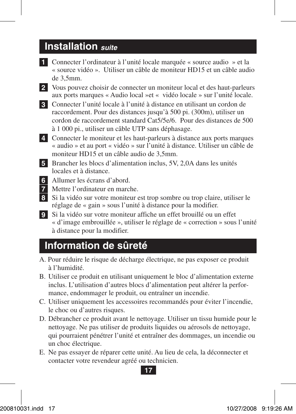Installation, Information de sûreté | Tripp Lite VGA Over Cat5 Extender with Audio B130-101A User Manual | Page 17 / 20