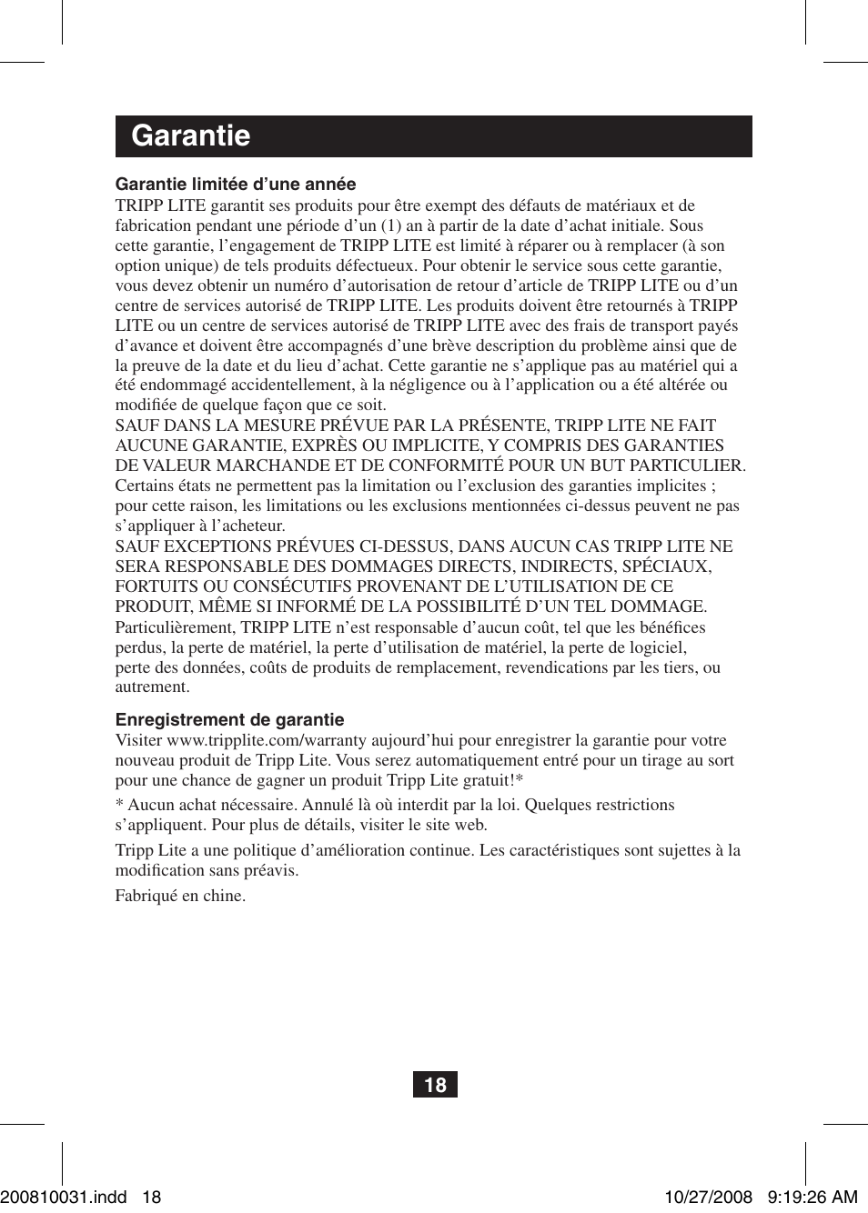 Garantie | Tripp Lite VGA Over Cat5 Extender with Audio B130-101A User Manual | Page 18 / 20
