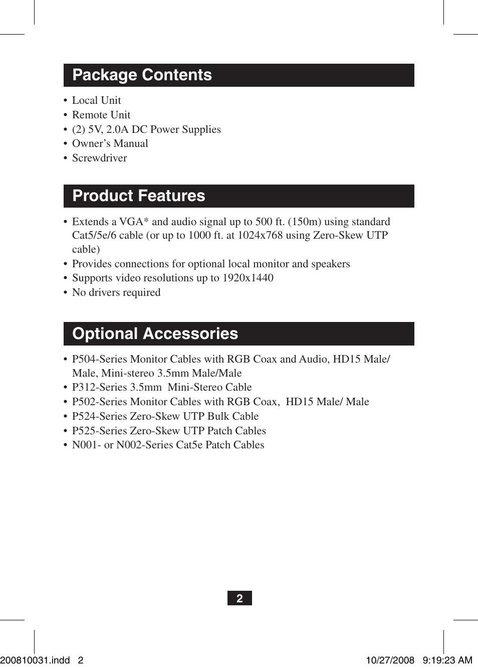 Package contents, Product features, Optional accessories | Tripp Lite VGA Over Cat5 Extender with Audio B130-101A User Manual | Page 2 / 20