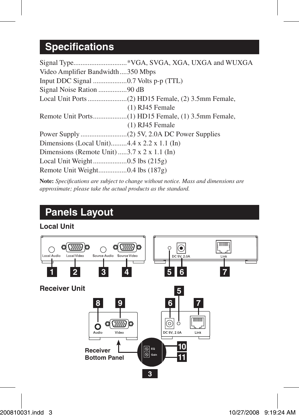 Specifications, Panels layout | Tripp Lite VGA Over Cat5 Extender with Audio B130-101A User Manual | Page 3 / 20
