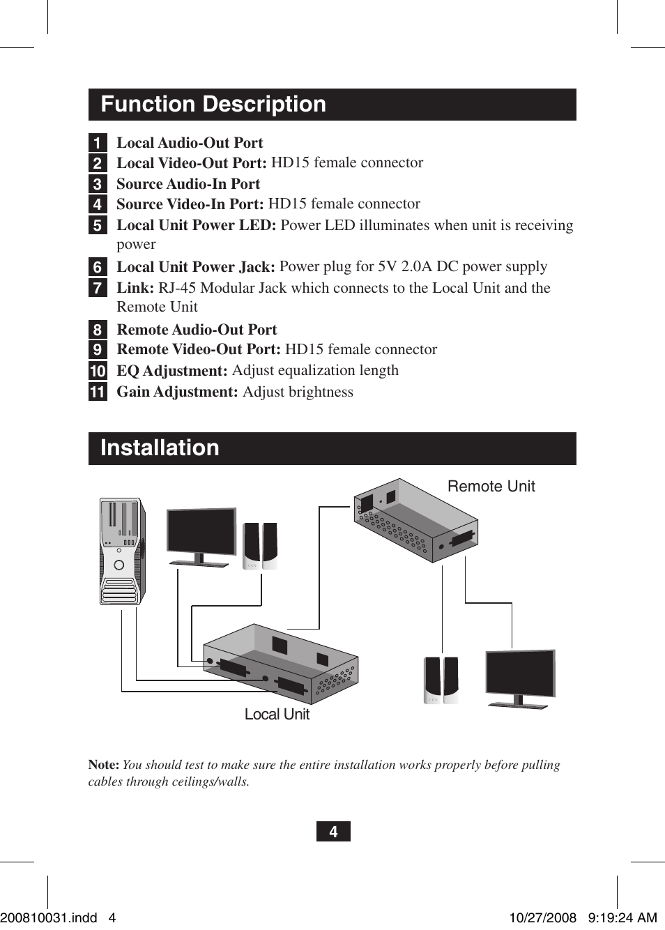 Function description, Installation | Tripp Lite VGA Over Cat5 Extender with Audio B130-101A User Manual | Page 4 / 20