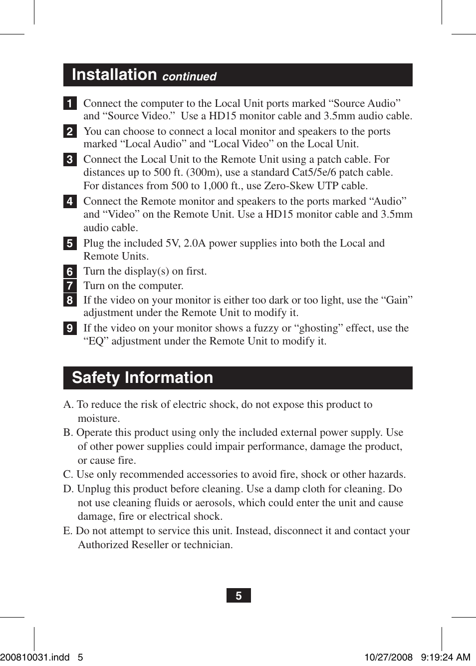 Installation, Safety information | Tripp Lite VGA Over Cat5 Extender with Audio B130-101A User Manual | Page 5 / 20