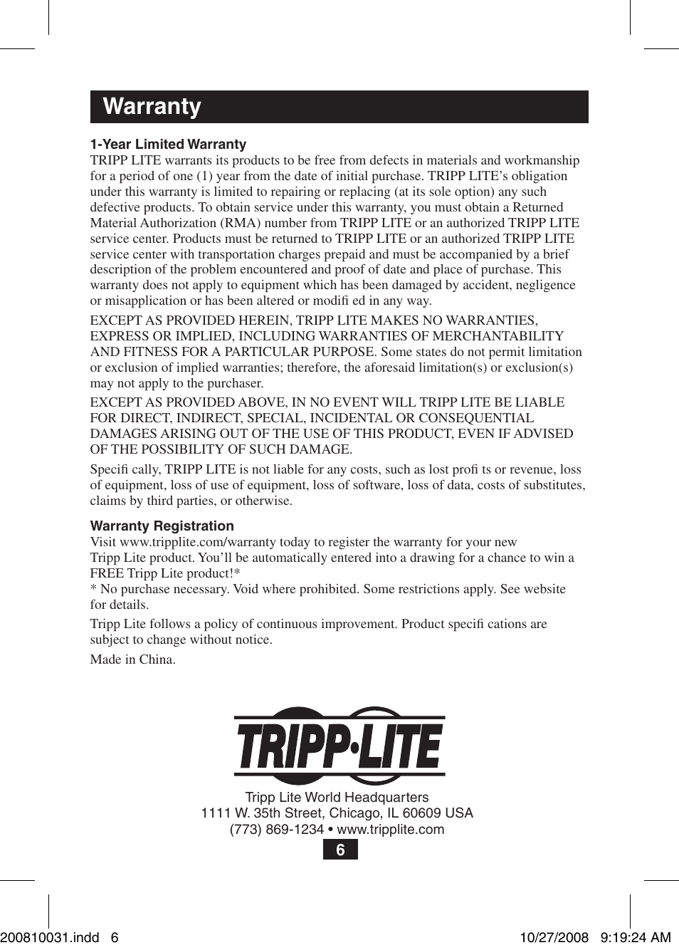 Warranty | Tripp Lite VGA Over Cat5 Extender with Audio B130-101A User Manual | Page 6 / 20