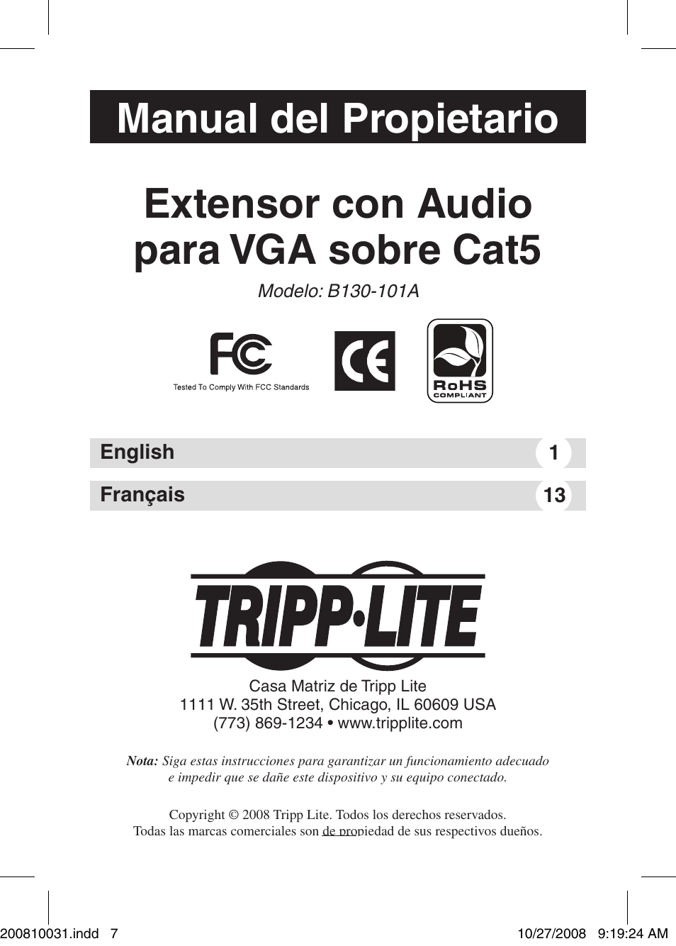 Tripp Lite VGA Over Cat5 Extender with Audio B130-101A User Manual | Page 7 / 20